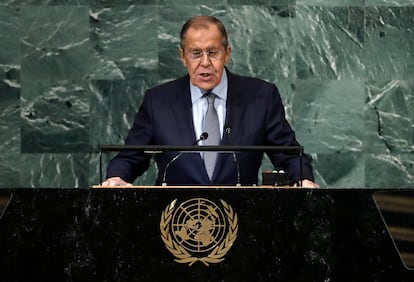 El ministro de Asuntos Exteriores ruso, Serguéi Lavrov, en su intervención ante la Asamblea General de la ONU este sábado.