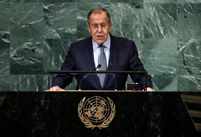 El ministro de Asuntos Exteriores ruso, Serguéi Lavrov, en su intervención ante la Asamblea General de la ONU este sábado.