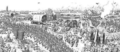 Las ilustraciones al libro &lsquo;La gran guerra&rsquo;, de Joe Sacco, que recrea el comienzo de la batalla del Somme y se publica en Espa&ntilde;a el 6 de marzo (Mondadori).