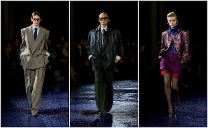 Tres de las propuestas de la nueva colección de Saint Laurent, presentada el 24 de septiembre de 2024 en la semana de la moda de París.