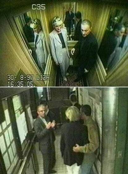 Fotos presentadas en el juicio: Diana y Dodi en el ascensor del hotel, y la pareja con el chófer Henri Paul, momentos antes del accidente. 
/ AFP