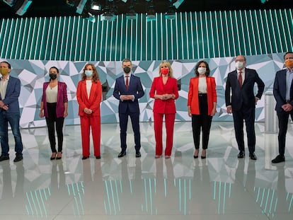 Los candidatos a la presidencia de Madrid, en el plató del debate electoral celebrado en Telemadrid el 21 de abril