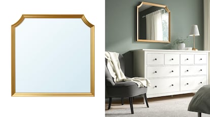 Los bordes en tonos dorados de este espejo rectangular combinan muy bien con cualquier tocador.