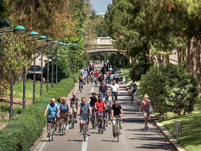 Ciclistas y paseantes en el carril bici del Jardín del Turia de Valencia.