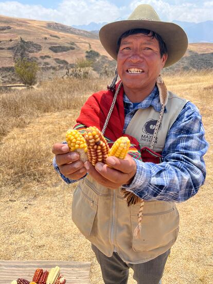 Campesino quechua mostrando variedades de maíz, junto al restaurante Mil.