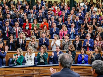 Spain's PM Pedro Sánchez receives applause from the Socialists after his address in parliament on Wednesday.