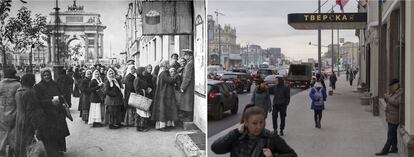 En este combo se ve la plaza Tverskaya zastava de Moscú. A la izquierda, colas para comprar comida en una tienda en octubre de 1917. A la derecha, gente paseando frente al hotel Tverskaya el 25 de octubre de 2017.