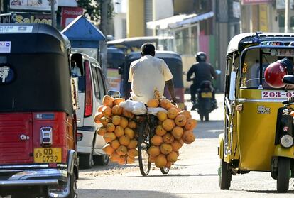 Un vendedor de frutas lleva su mercancía entre el tráfico de la ciudad de Colombo (Sri Lanka).