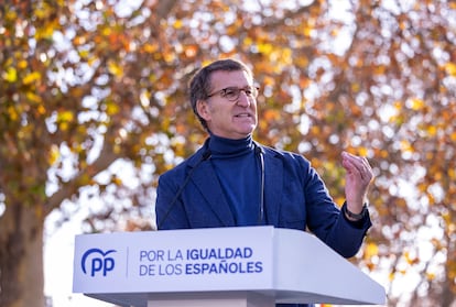 El líder del PP, Alberto Núñez Feijóo, durante su intervención en el acto contra la amnistía.