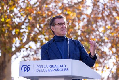 El líder del PP, Alberto Núñez Feijóo, durante su intervención en el acto contra la amnistía.