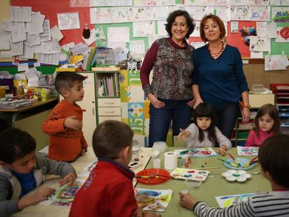 Paz, a la izquierda, y Marian, con sus alumnas del Colegio Público Nuestra Señora de la Paloma de Madrid.