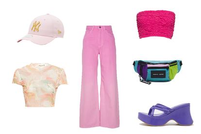 De izq. a dcha.: gorra (23,95 €) de New Era, camiseta cropped (11,95 €) de Nly by Nelly, vaqueros boyfriend (37,65) de Neon & Nylon, top bandeau (17,69 €) de Cotton On, riñonera (43,95 €) de Numero 00 y sandalia (113,95 €) de Jeffrey Campbell.