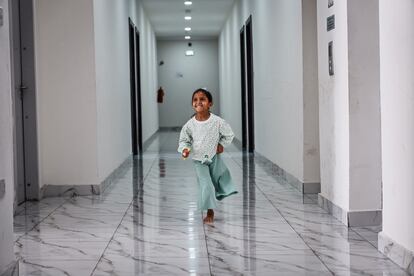 A Palestinian girl who lost her leg in the war, at one of the refugee developments in Doha, Qatar, on April 13.