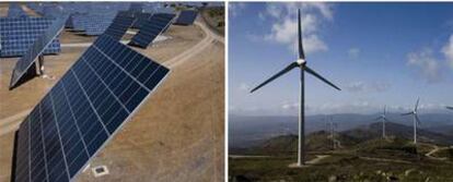 Placas de la mayor central solar del mundo, en el Alentejo, y parque eólico en el Alto Miño.