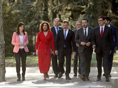 Miembros del Gobierno y de la Generalitat en la Moncloa este miércoles.
