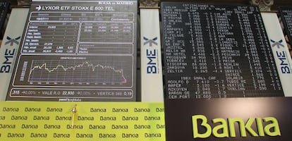 Paneles de Bankia en la Bolsa de Madrid.