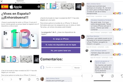 Capturas de la web a la que redirigen los perfiles que anuncian el sorteo: se muestra una de las preguntas de la encuesta y los supuestos comentarios de usuarios.