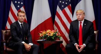 Donald Trump e Emmanuel Macron, nesta segunda-feira, em Nova York.