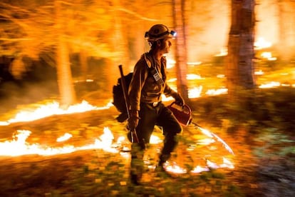 Un bombero de California trata de cambiar el rumbo del incendio. 