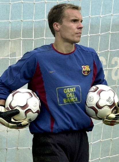 Enke durante un entrenamiento en su etapa como portero del Barcelona.