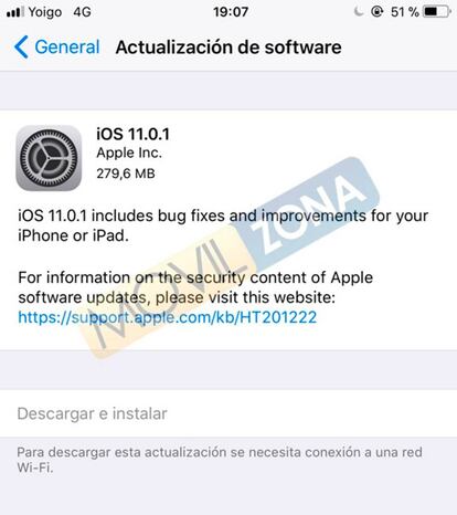 Actualización OTA de la nueva versión iOS 11.0.1