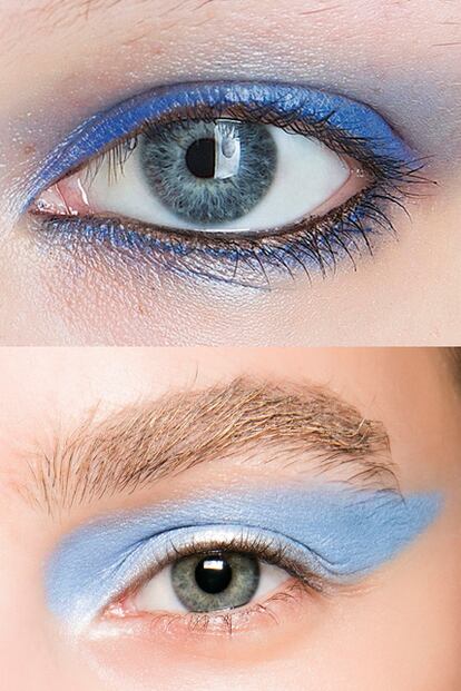 El clásico azul se reinventa. En la imagen, los maquillajes propuestos por Jill Stuart y Versace.