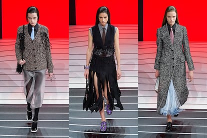 En Prada las corbatas se llevan con transparencias, flecos o paillettes.