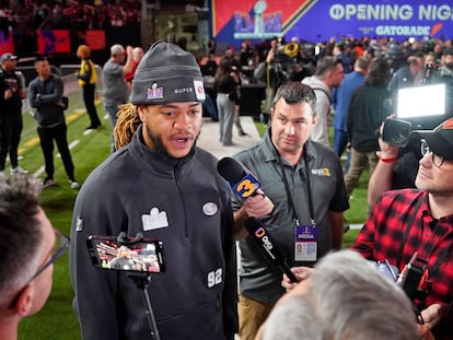 San Francisco 49ers defensive end Chase Young (92) talks to the media during Super Bowl LVIII Opening Night at Allegiant Stadium. Las Vegas, NV. Feb 5, 2024.