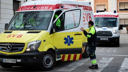 An ambulance outside a hospital in Valencia, where the first coronavirus death was reported.