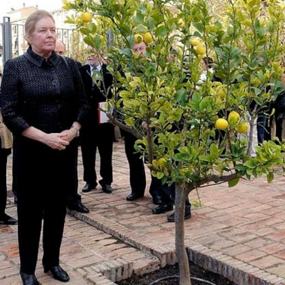 Carolyn Richmon, esposa de Francisco Ayala, ante el limonero en el que reposan sus cenizas en la sede de la Fundación del escritor en el palacete de Alcázar Genil, en Granada