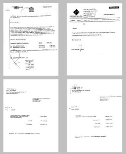 Cuatro de las facturas: Creación de la sociedad, transferencia entre hermanos, facturas por trabajos de impresión y cursos de formación para cargos municipales, de izquierda a derecha y de arriba abajo.