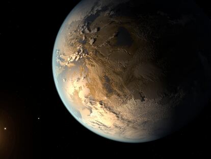 Una representación de Kepler-186f, el primer planeta del tamaño de la Tierra en orbitar una estrella en zona habitable.