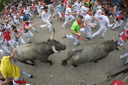 Los astados de la ganadería abulense de José Escolar, durante el séptimo encierro de los Sanfermines.