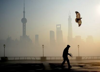 Un hombre camina junto a su cometa con la contaminación de Shanghái al fondo (China). 