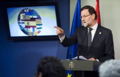 El presidente del Gobierno, Mariano Rajoy, durante la rueda de prensa que ha ofrecido hoy al término del último Consejo Europeo del año que se ha celebrado en Bruselas.