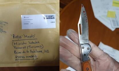 The padded envelope addressed to Reyes Maroto and the pocketknife found inside.