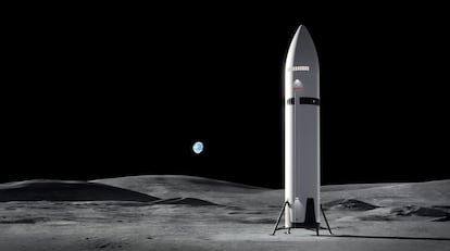 Recreación artística de la Starship HLS, en la que SpaceX está trabajando junto con la NASA para poder transportar astronautas entre una órbita lunar y la superficie de la Luna, durante las misiones Artemis 3 y Artemis 4.
