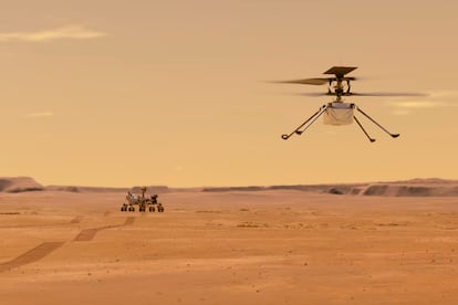 An illustration of ‘Ingenuity’ on Mars, with ‘Perseverance’ in the background.