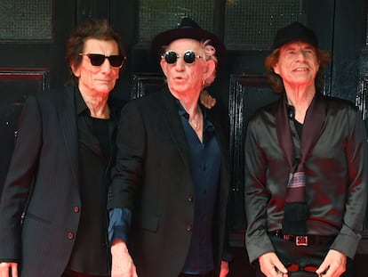 Left to right: Ronnie Wood, Keith Richards and Mick Jagger attend the launch event for The Rolling Stones' new album 'Hackney Diamonds' at the Hackney Empire on September 6, 2023.