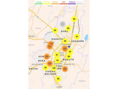 Mapa que muestra la calidad del aire en las distintas zonas de Bogotá, el 27 de febrero de 2023.