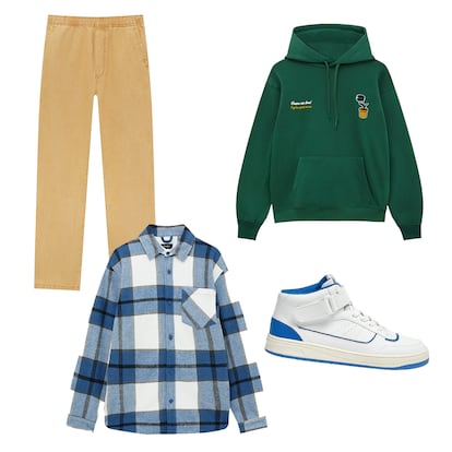 De izq. a dcha.: jeans de rayas amarillas (29,99 €), sobrecamisa de cuadros (29,99 €), sudadera verde abeja (27,99 €) y zapatilla abotinada retro (29,99 €). Todo, de PULL&BEAR.
