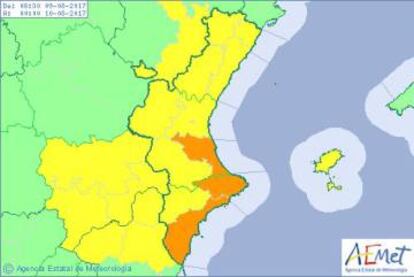 Aemet ha decretado alerta naranja por lluvias en parte del litoral de Valencia y Alicante.