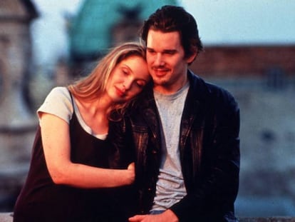 Julie Delpy y Ethan Hawke en un fotograma de la película 'Antes del amanecer' de Linklater.
