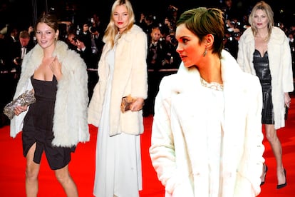 De izda. a dcha., la "diosa de las pieles" con abrigos de peluche blanco en una exposición de Mario Testino en Londres (2002), en una gala en la capital inglesa (2011), en Cannes (2001) y en los premios de la moda británica (2013).