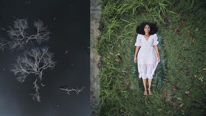 Left: dead trees dry and rot in the water after the flooding of the Xingú River for the construction of the Belo Monte dam. Right: Daniela Silva poses for a portrait laying on the former site of her house in the Altamira baixões.