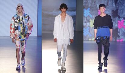 Tres modelos de Krizia Robustella, Eñaut y Killing Weekend para primavera / verano 2020 presentados en 080 Barcelona Fashion.