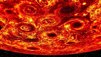Imagen compuesta del polo sur de Júpiter visto por la cámara infrarroja de la sonda 'Juno'.