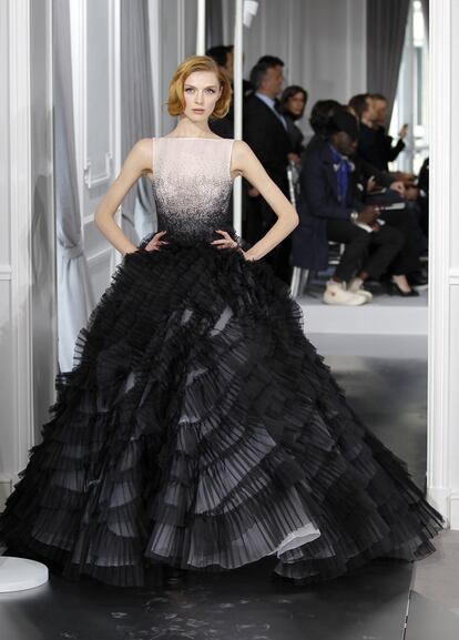 A model presents a creation by designer Bill Gaytten as part of his Haute Couture Spring-Summer 2012 fashion show for French house Dior in Paris
