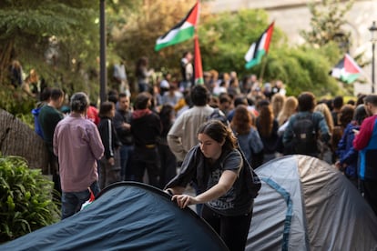 Estudiants acampats al rectorat de la Universitat de Barcelona per donar suport a Palestina, el dilluns.


