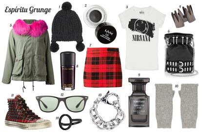 1. Bershka Gorro de lana con borlas. 2. NYX Eyeliner en gel. 3. Bershka Camiseta con print de “Nirvana”. 4. Annelise Michelson Ear cuff de corona. 5. History Repeats Parka con cuello de pelo. 6. Versace Bolso tipo sacon con trebillas y asa de cadena. 7. Alice + Olivia Mini con print de cuadros. 8. M·A·C Laca de uñas “Divine Night”. 9. Tom Ford Eau de parfum “Tobacco Oud”. 10. Topshop Mitones de punto. 11. Converse “All Star” con efecto envejecido, print de cuadros y pinchos. 12. Ray-Ban Gafas de sol con montura de pasta. 13. & Other Stories Pulsera de eslabones. 14. Topshop Anillo en metal negro.